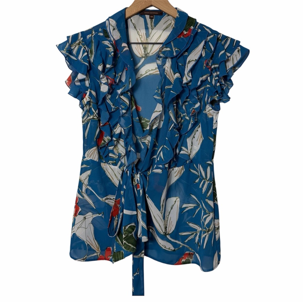 Adolfo Dominguez Blue Floral Ruffle Blouse Women Size 38 Tie Waist Flowy Top
